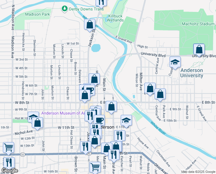 map of restaurants, bars, coffee shops, grocery stores, and more near 600 Main Street in Anderson