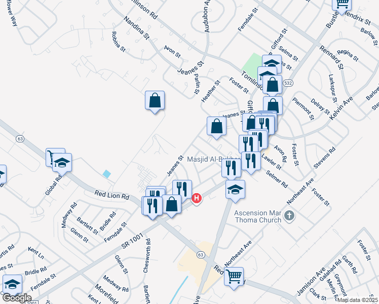 map of restaurants, bars, coffee shops, grocery stores, and more near 10121 Jeanes Street in Philadelphia
