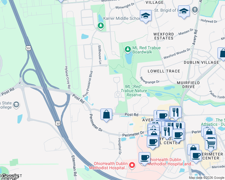 map of restaurants, bars, coffee shops, grocery stores, and more near 6999 Old Bridge Lane West in Dublin