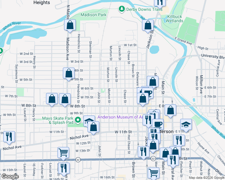 map of restaurants, bars, coffee shops, grocery stores, and more near 516 West 6th Street in Anderson