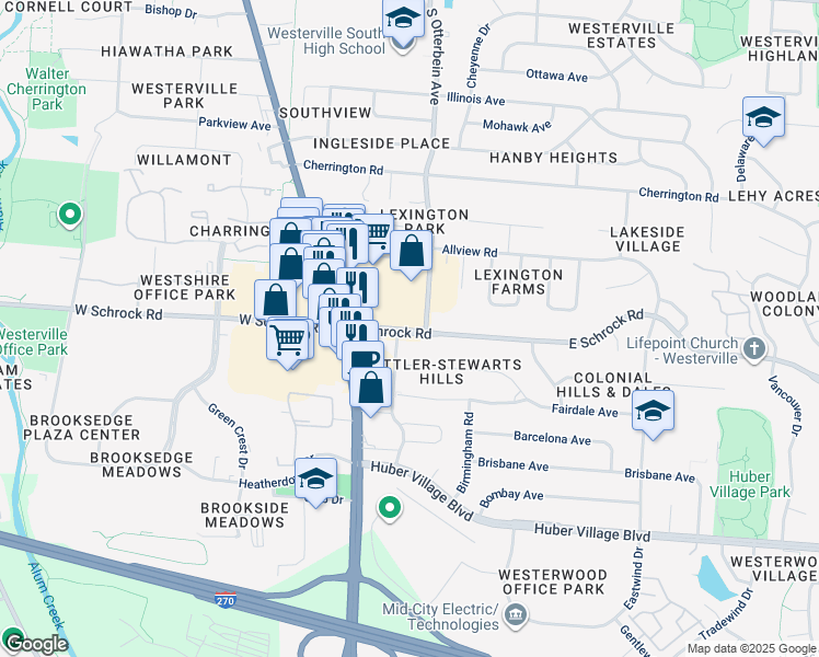 map of restaurants, bars, coffee shops, grocery stores, and more near 36 Westerville Square in Westerville