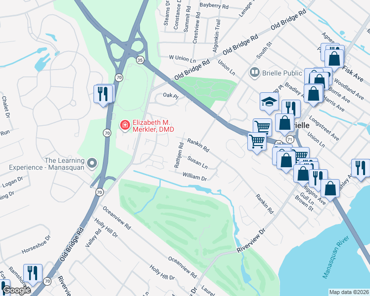 map of restaurants, bars, coffee shops, grocery stores, and more near 815 Rathjen Road in Brielle