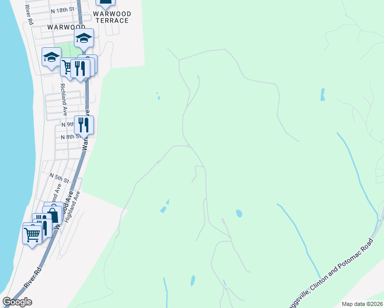map of restaurants, bars, coffee shops, grocery stores, and more near 1201 Washington Farms Road in Wheeling