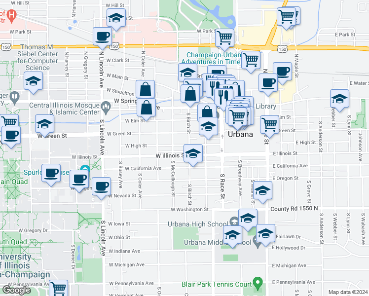 map of restaurants, bars, coffee shops, grocery stores, and more near 403 West High Street in Urbana