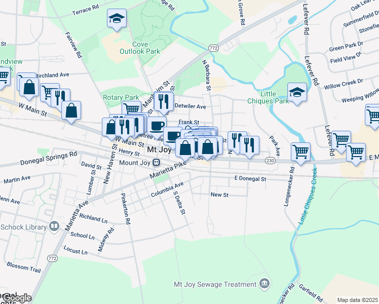 map of restaurants, bars, coffee shops, grocery stores, and more near 55 East Main Street in Mount Joy