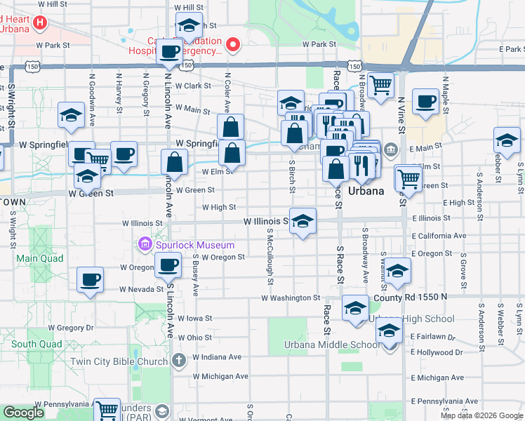 map of restaurants, bars, coffee shops, grocery stores, and more near 503 West High Street in Urbana