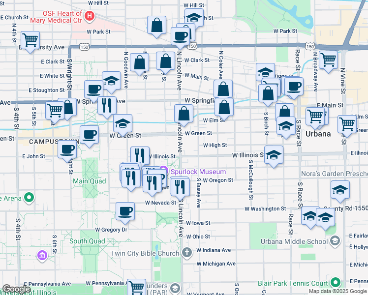 map of restaurants, bars, coffee shops, grocery stores, and more near 402 South Lincoln Avenue in Urbana