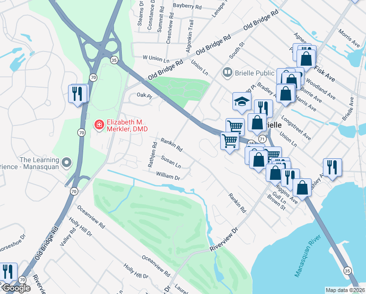 map of restaurants, bars, coffee shops, grocery stores, and more near 810 Schoolhouse Road in Brielle