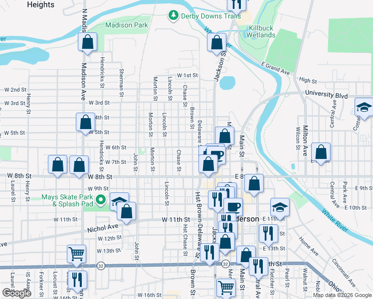map of restaurants, bars, coffee shops, grocery stores, and more near 231 West 6th Street in Anderson