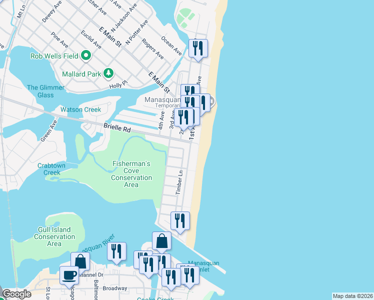 map of restaurants, bars, coffee shops, grocery stores, and more near 595 Brielle Road in Manasquan