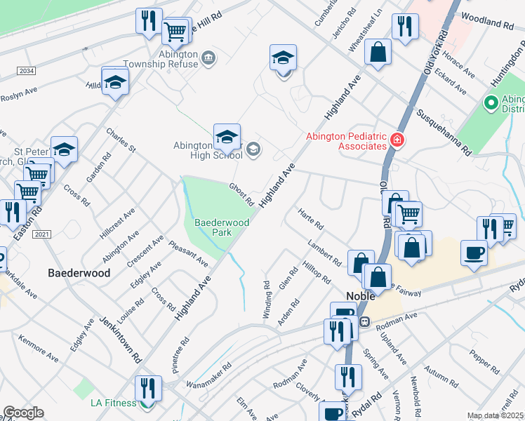 map of restaurants, bars, coffee shops, grocery stores, and more near 103 Highland Avenue in Glenside