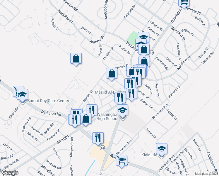 map of restaurants, bars, coffee shops, grocery stores, and more near 10220 Selmer Terrace in Philadelphia