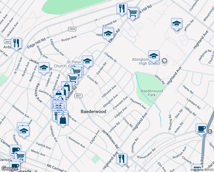 map of restaurants, bars, coffee shops, grocery stores, and more near 639 Fern Road in Glenside