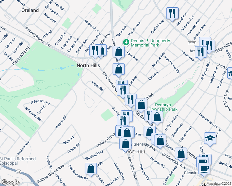 map of restaurants, bars, coffee shops, grocery stores, and more near 2800 Mount Carmel Avenue in Glenside