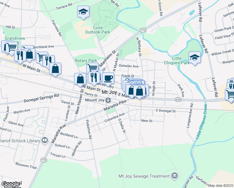 map of restaurants, bars, coffee shops, grocery stores, and more near in Mount Joy