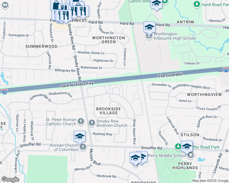 map of restaurants, bars, coffee shops, grocery stores, and more near 1689 Park Row Drive in Columbus