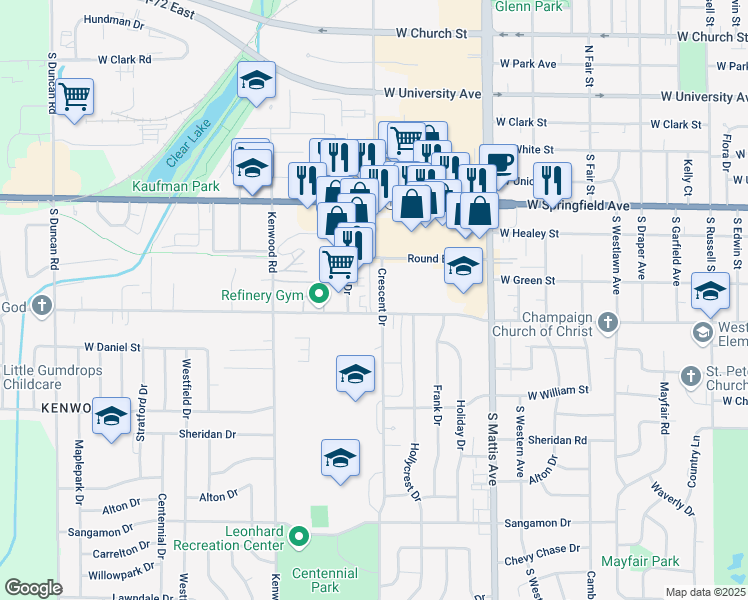 map of restaurants, bars, coffee shops, grocery stores, and more near 501 Crescent Drive in Champaign