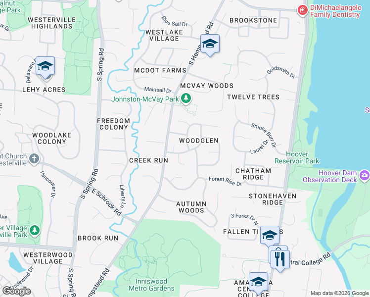 map of restaurants, bars, coffee shops, grocery stores, and more near 598 Deer Run Road in Westerville