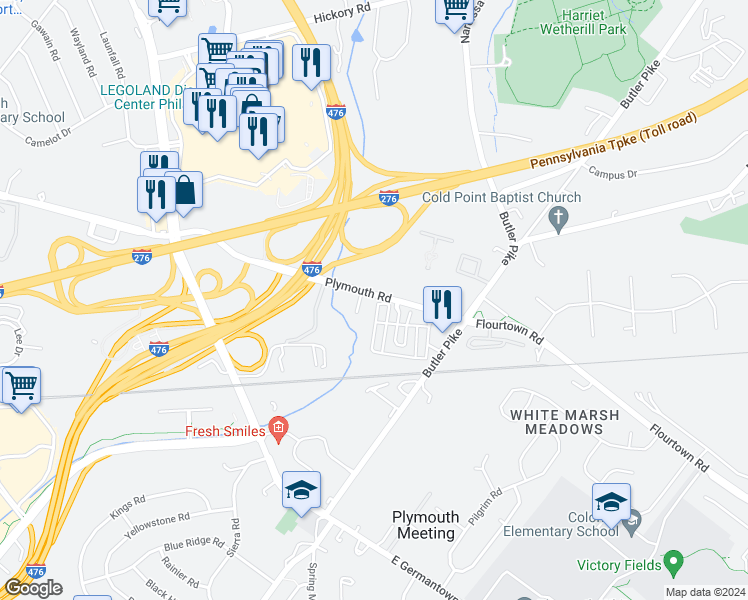 map of restaurants, bars, coffee shops, grocery stores, and more near 137 Plymouth Road in Plymouth Meeting