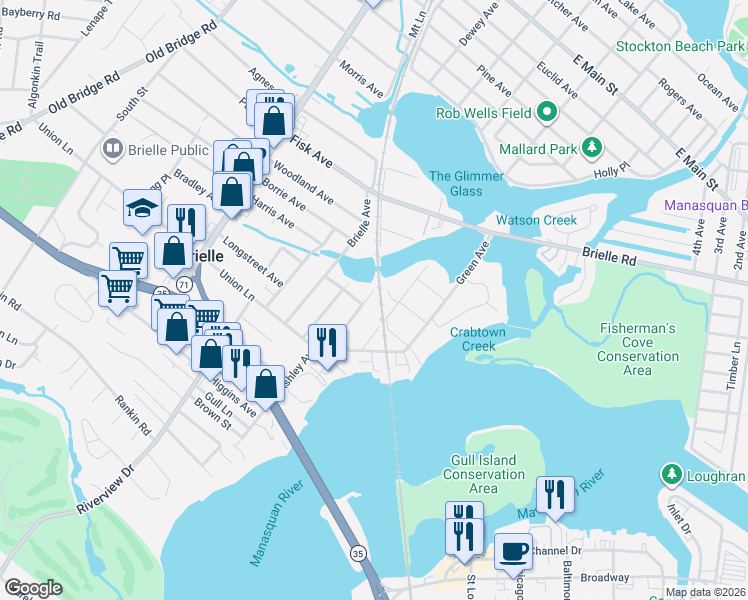 map of restaurants, bars, coffee shops, grocery stores, and more near 413 1/2 Leslie Avenue in Brielle