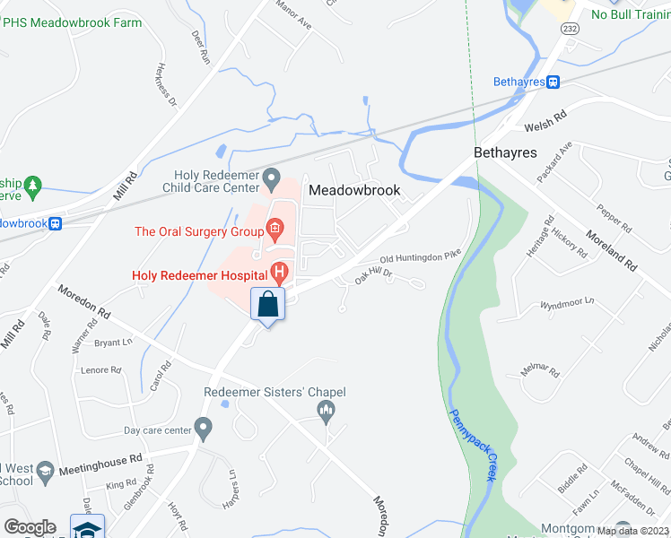 map of restaurants, bars, coffee shops, grocery stores, and more near 1680 Huntingdon Pike in Montgomery County