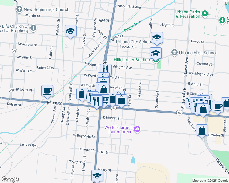 map of restaurants, bars, coffee shops, grocery stores, and more near 133 East Church Street in Urbana