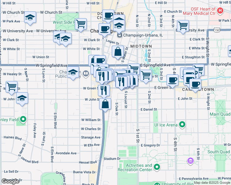 map of restaurants, bars, coffee shops, grocery stores, and more near 29 East Green Street in Champaign