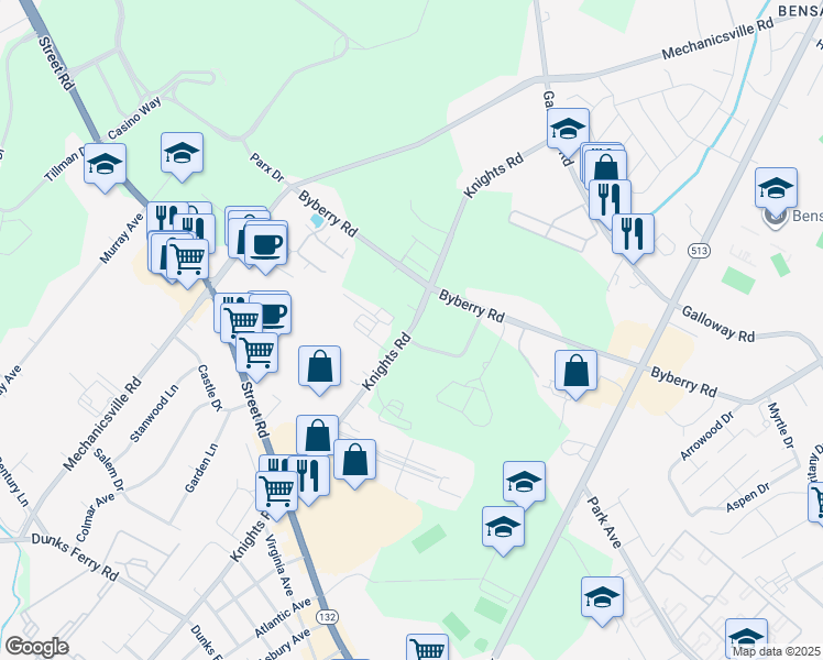 map of restaurants, bars, coffee shops, grocery stores, and more near 3380 Knights Road in Bensalem