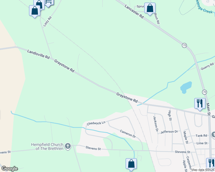 map of restaurants, bars, coffee shops, grocery stores, and more near 1297 Graystone Rd in Manheim