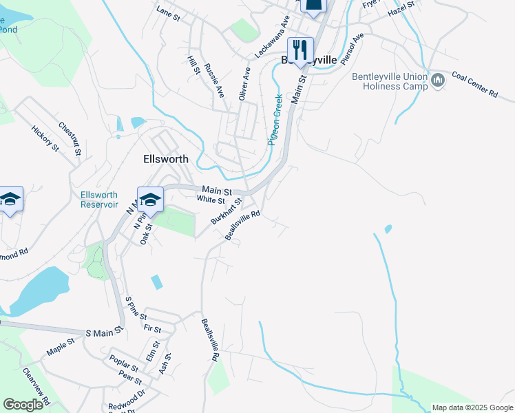 map of restaurants, bars, coffee shops, grocery stores, and more near 104 Oliver Avenue in Bentleyville