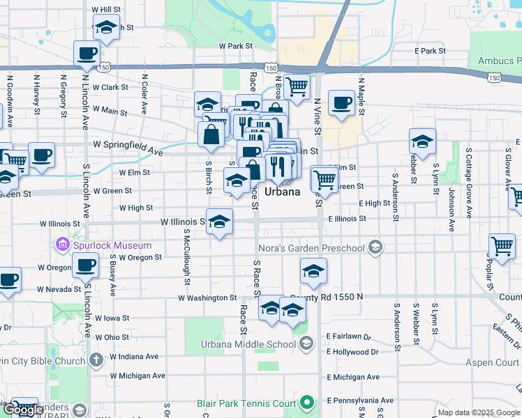 map of restaurants, bars, coffee shops, grocery stores, and more near 402 South Race Street in Urbana