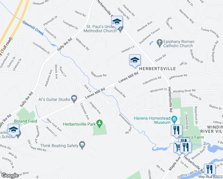 map of restaurants, bars, coffee shops, grocery stores, and more near 317 Sawmill Road in Brick