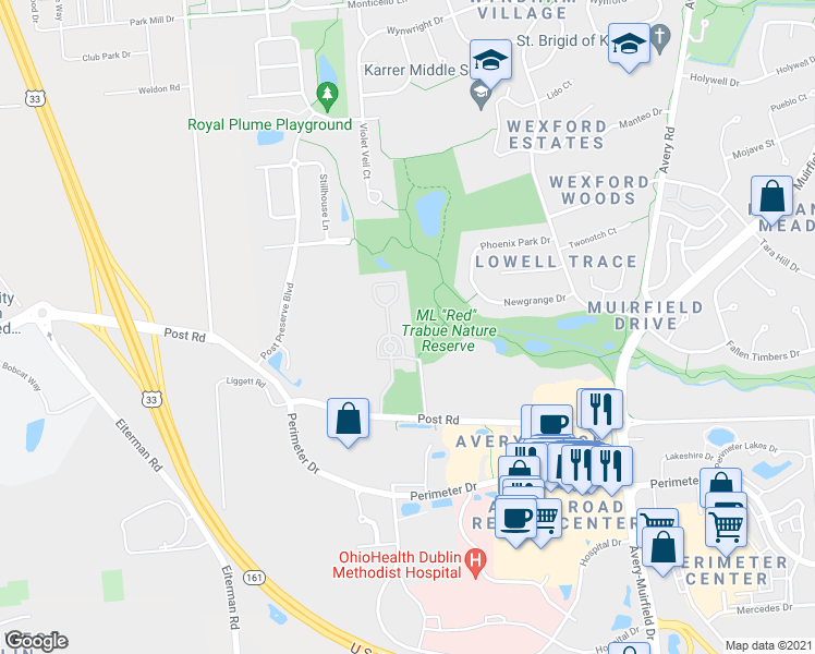map of restaurants, bars, coffee shops, grocery stores, and more near 7020 Old Bridge Lane East in Dublin