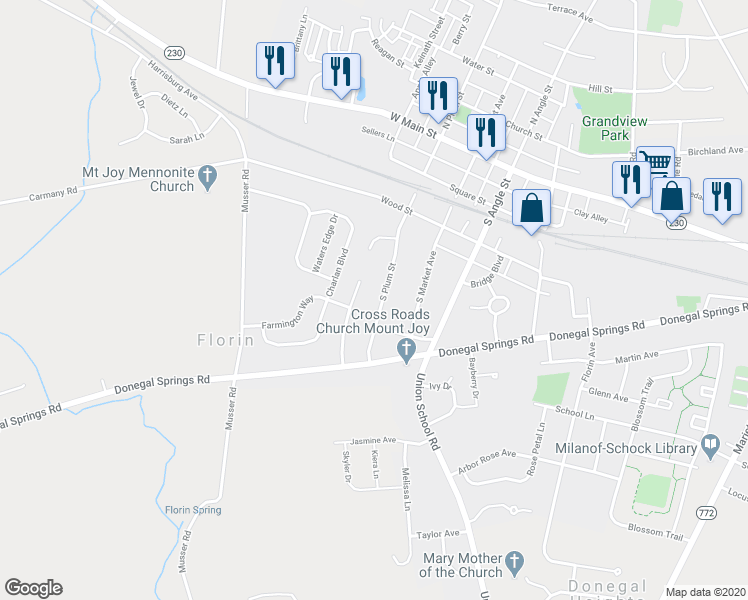 map of restaurants, bars, coffee shops, grocery stores, and more near 449 South Plum Street in Mount Joy