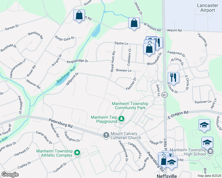 map of restaurants, bars, coffee shops, grocery stores, and more near 326 Millpond Drive in Lititz
