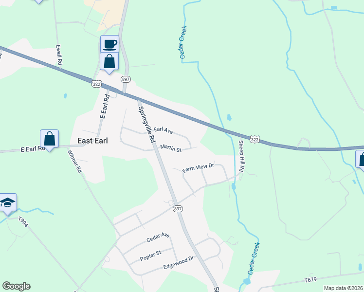 map of restaurants, bars, coffee shops, grocery stores, and more near 1448 Earl Avenue in East Earl