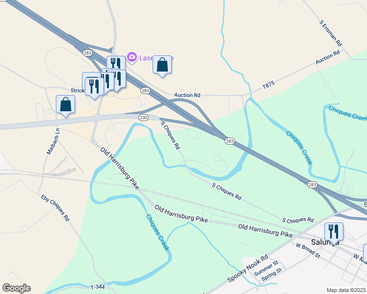 map of restaurants, bars, coffee shops, grocery stores, and more near 781 South Chiques Road in Manheim