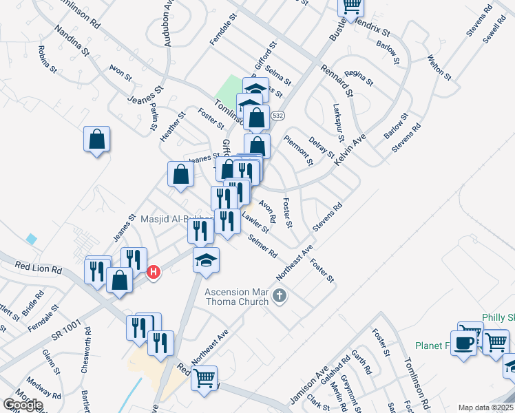 map of restaurants, bars, coffee shops, grocery stores, and more near 808 Avon Road in Philadelphia