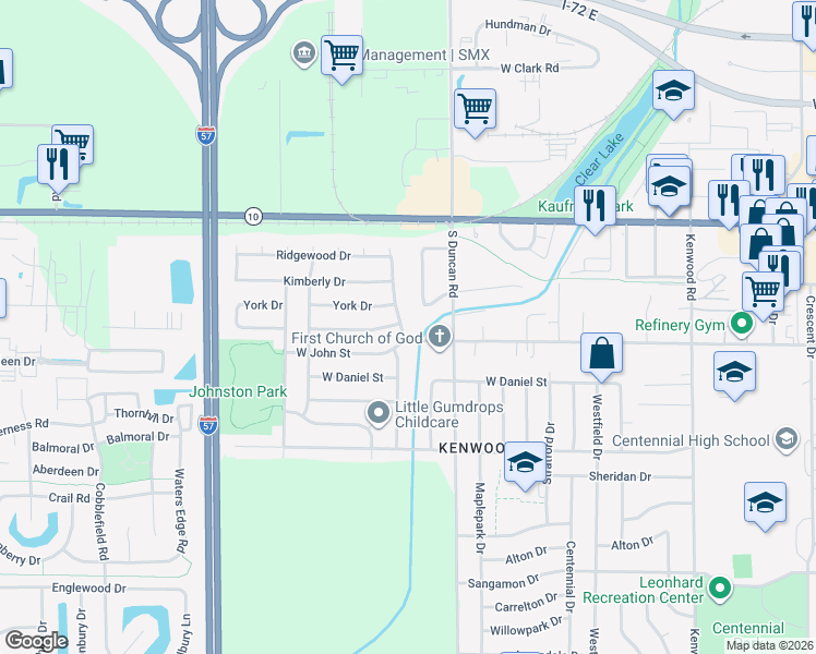map of restaurants, bars, coffee shops, grocery stores, and more near 614 Dogwood Drive in Champaign