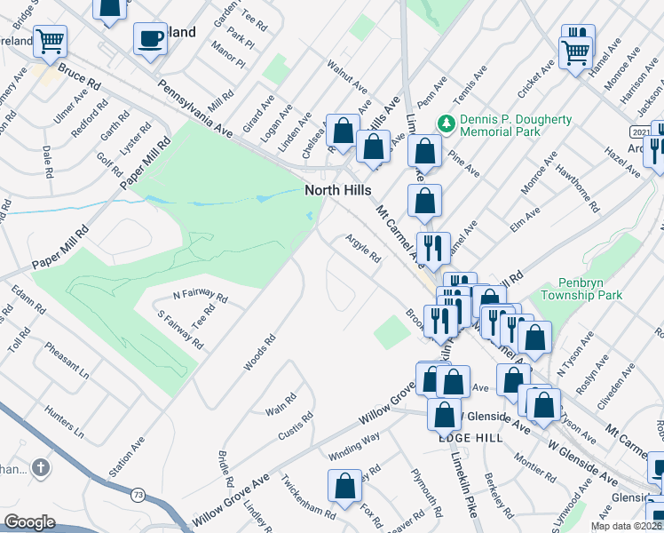 map of restaurants, bars, coffee shops, grocery stores, and more near 744 Brooke Road in Glenside