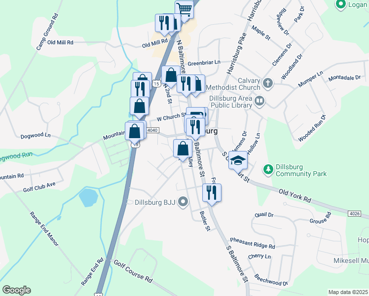 map of restaurants, bars, coffee shops, grocery stores, and more near 24 West York Street in Dillsburg