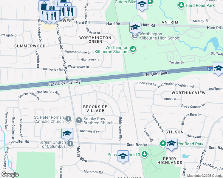 map of restaurants, bars, coffee shops, grocery stores, and more near 1600 Worthington Row Drive in Columbus