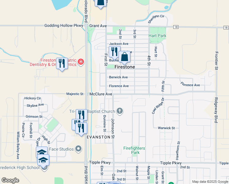 map of restaurants, bars, coffee shops, grocery stores, and more near 126 Florence Avenue in Firestone