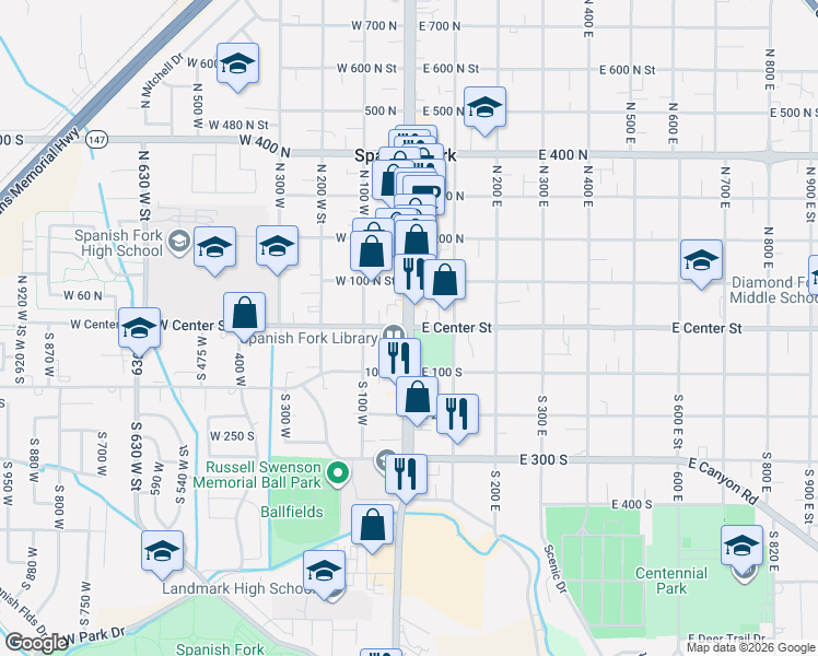map of restaurants, bars, coffee shops, grocery stores, and more near 30 West Center Street in Spanish Fork