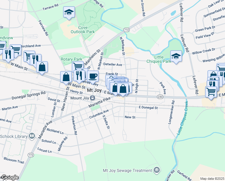 map of restaurants, bars, coffee shops, grocery stores, and more near 3 Appletree Alley in Mount Joy