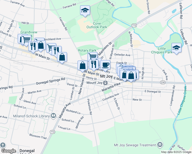 map of restaurants, bars, coffee shops, grocery stores, and more near 22 West Main Street in Mount Joy