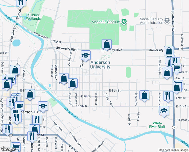 map of restaurants, bars, coffee shops, grocery stores, and more near 540 College Drive in Anderson