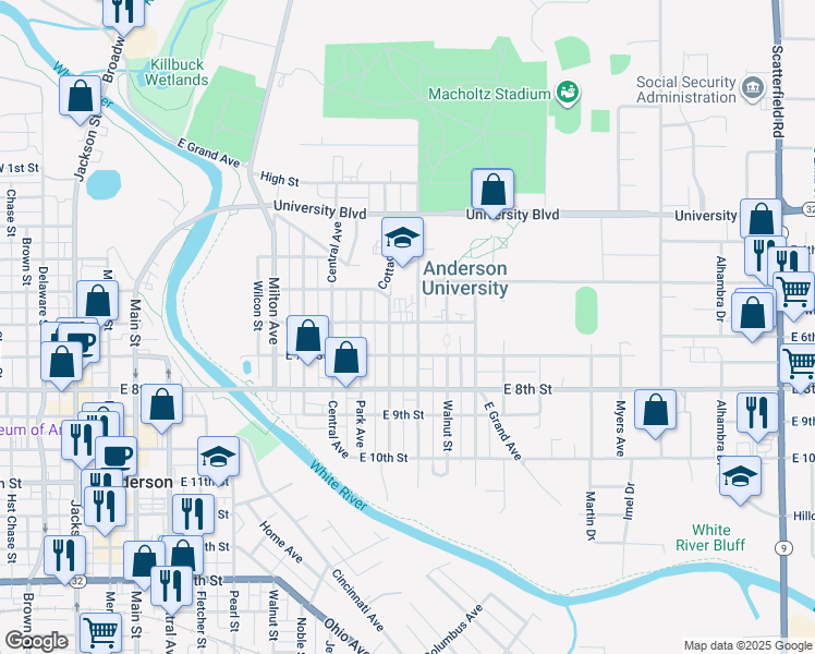 map of restaurants, bars, coffee shops, grocery stores, and more near 520 Cottage Avenue in Anderson