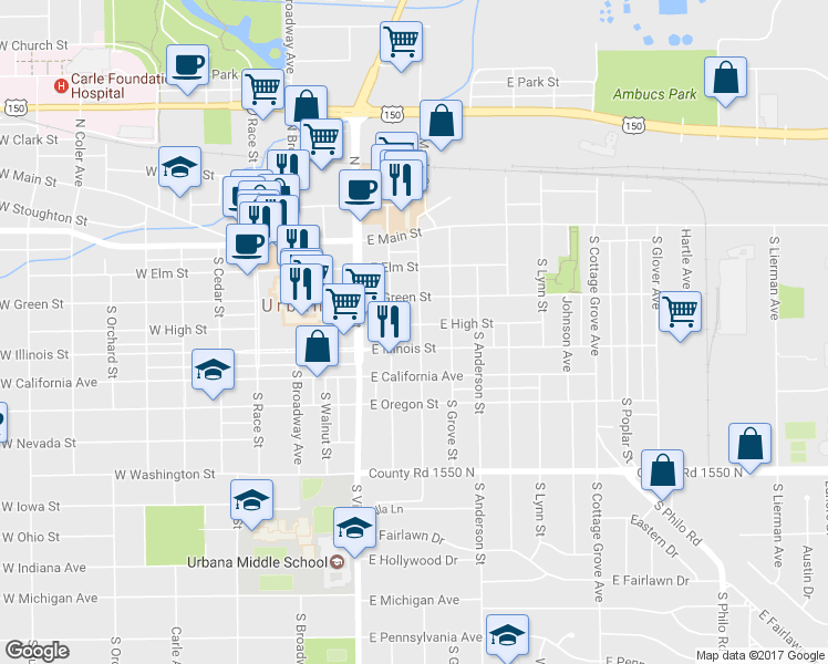map of restaurants, bars, coffee shops, grocery stores, and more near 406 East High Street in Urbana