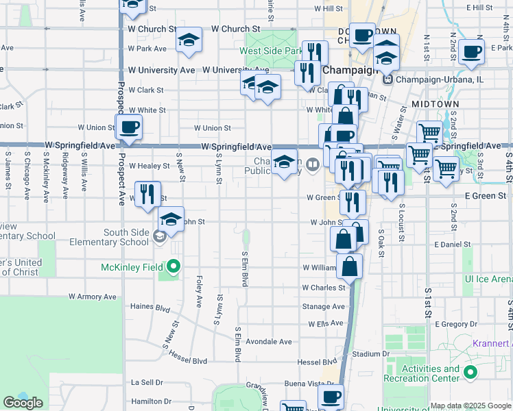 map of restaurants, bars, coffee shops, grocery stores, and more near 407 West Green Street in Champaign